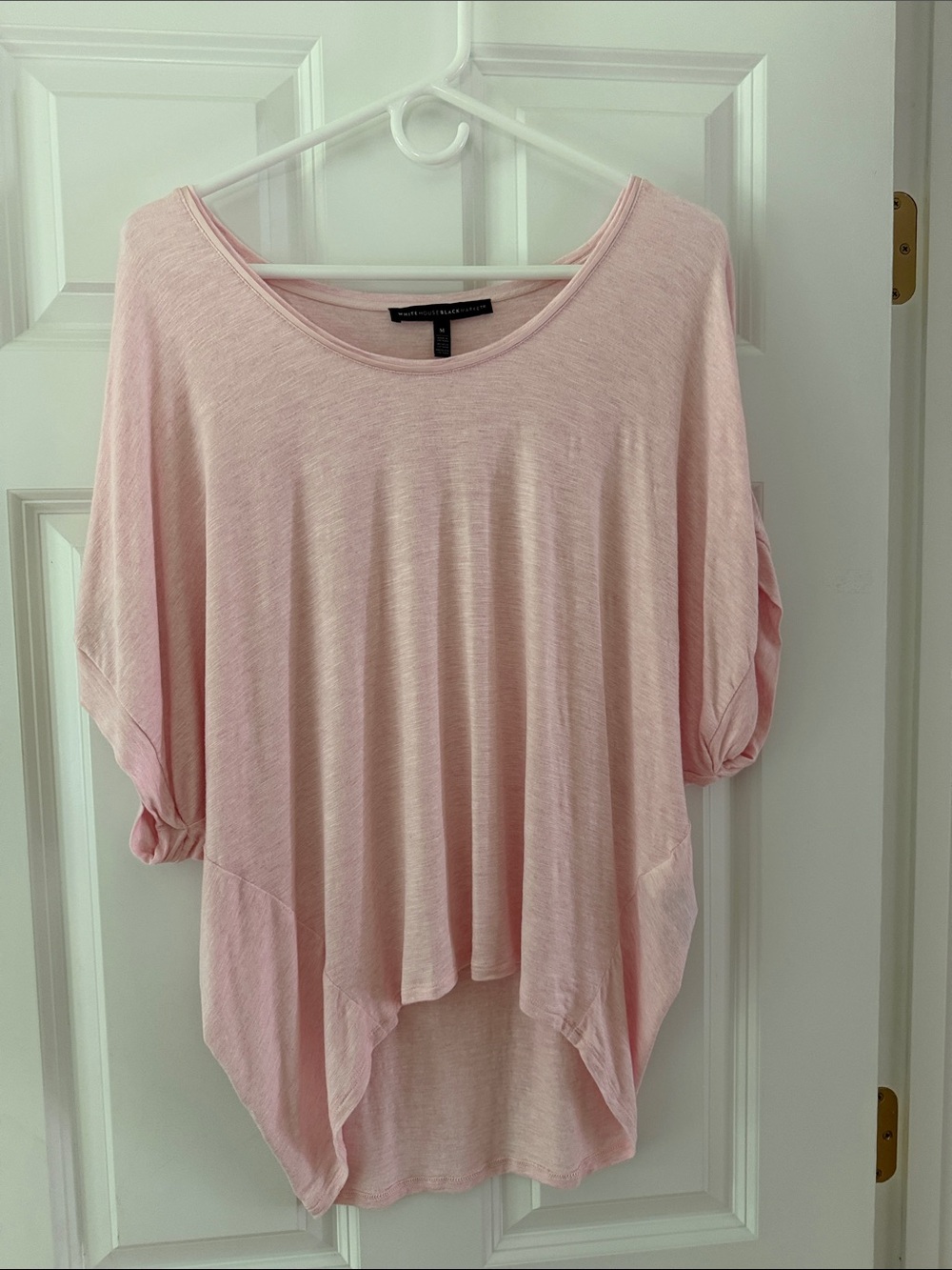 White House Black Market Light Pink Draped Short Sleeve Tunic Top. P-P 25 inches